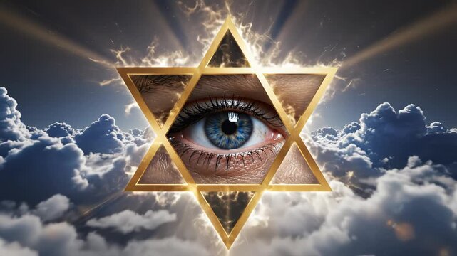eye with star of david in sky symbolizing exploration and the great outdoors