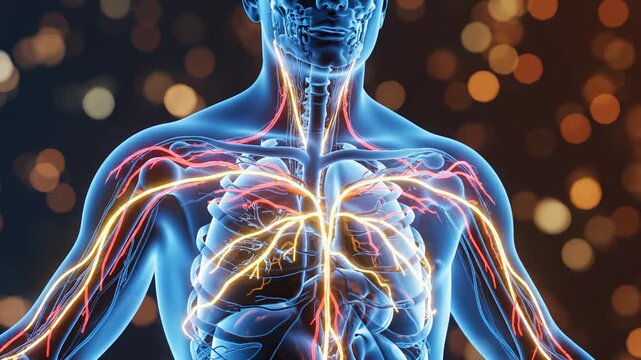 Human body anatomy with visible nerves for creative digital media and visual arts