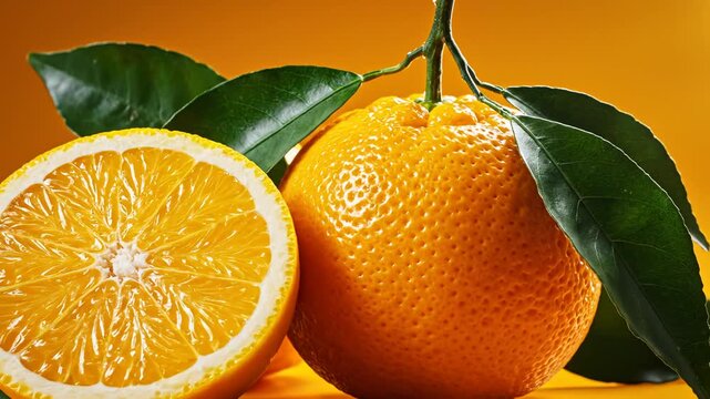 Orange fruit with leaves on orange background for appetizing food commercials and menu design