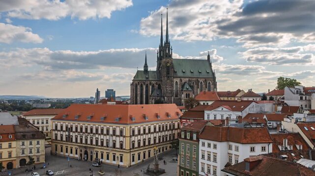 Aerial time lapse Cathedral of St. Peter and Paul and old town Brno, South Moravia, Czech Republic.