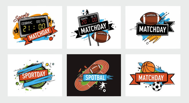 Set of sports match day and sport day vector emblems with balls, scoreboards and athletic tracks