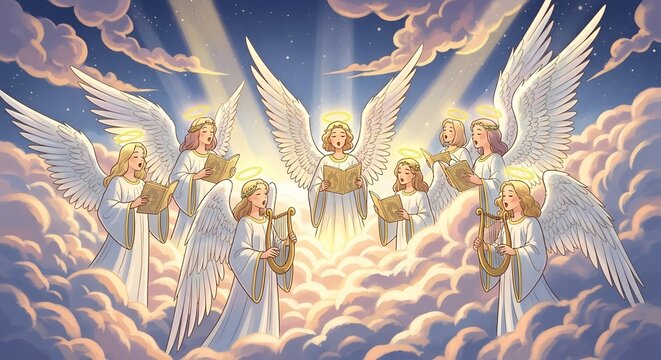 Celestial chorus of angels singing hymns with divine radiance