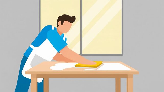 A 2D flat design vector animation showing a man cleaning and wiping a dusty table surface with a yellow rag. This character illustration is perfect for household cleaning service promos, domestic life