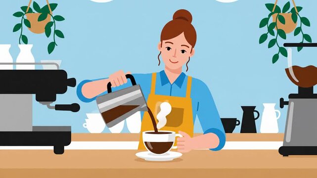 A charming 2D animation of a female barista with brown hair tied in a bun, wearing a blue shirt and orange apron. She is shown pouring hot coffee from a kettle into a white cup, creating a warm cafe a