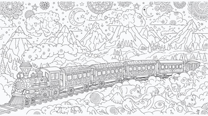 Fototapeta premium Magical Dream Train Journey Through Mountains Coloring Page for Adults