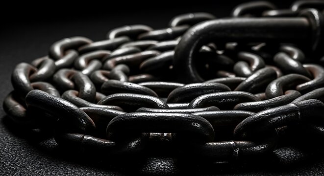 A closeup view of a pile of heavy dark metal chains on a black surface