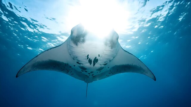 Oceanic manta ray swimming underwater near the water surface backlit by bright sunlight