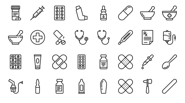Vector Icons Set of medical and healthcare icons in line art style.