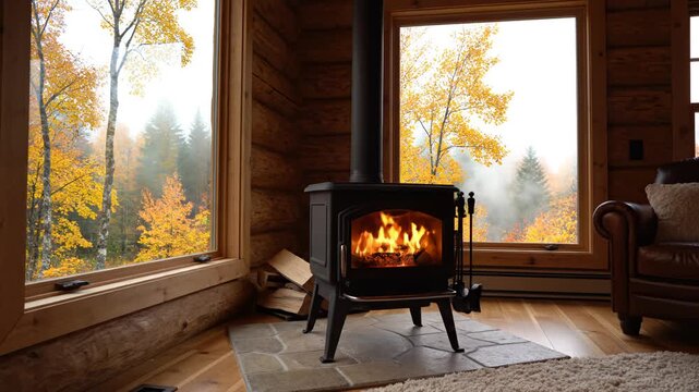 Cozy cabin with wood stove and autumn view perfect for engineering projects and factory visuals