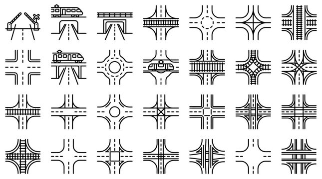 Vector Icons Set of Various Road Junctions and Railway Crossings Vector Icons.