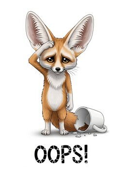 Guilty fennec fox sticker design with apologetic expression and shattered mug background