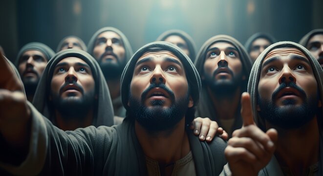 Group of individuals gaze upward with reverence and curiosity. They stand closely together, their faces marked by a sense of awe, looking towards the light above