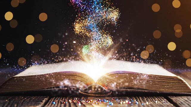 Open book with colorful glowing particles ideal for sleek commercial backgrounds and title sequences