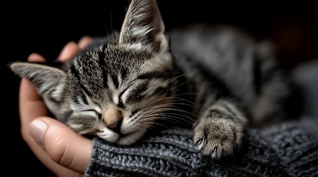 Cozy kitten sleeping peacefully nestled in a hand wrapped in a soft chunky knit blanket a heartwarming portrait of comfort and feline affection