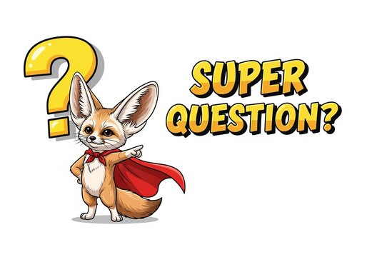 Playful fennec fox in superhero cape with quizzical expression and comic text super question