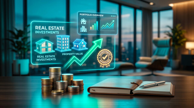 Real estate investment portfolio overview holographic display showing property value growth approved coins notebook on desk in modern luxury office finance planning concept