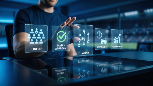 Sports manager touching digital holographic interface managing lineup strategy match approval scheduling performance analytics in modern stadium control room technology concept