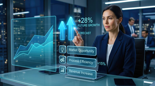 Businesswoman touching holographic digital dashboard analyzing future growth forecast market opportunity revenue increase and process efficiency in modern corporate office technology concept