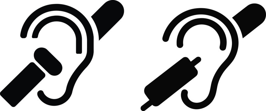 Black set representing ear anatomy and hearing aid devices for medical audiology and healthcare communication visual aids on a plain white background