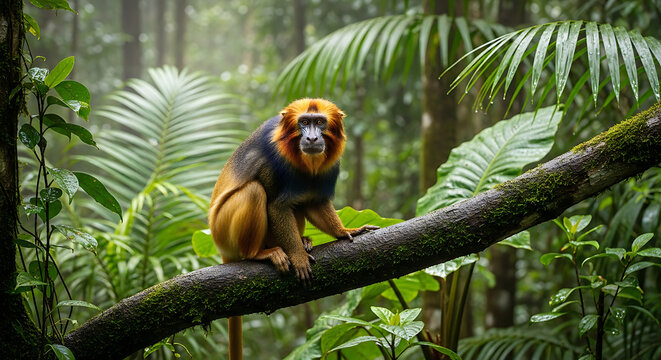 A colorful monkey sitting on a tree branch in a lush forest.