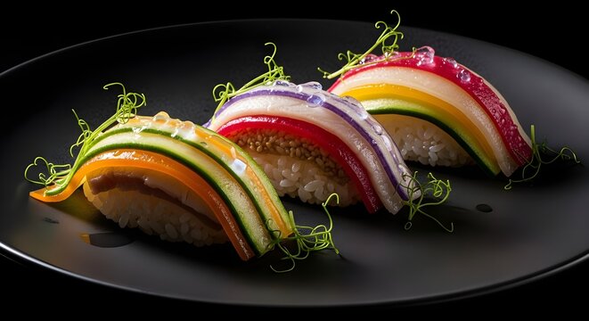 Futuristic plant-based sushi with glowing layers on a plate indoors