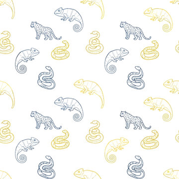 Seamless pattern with hand drawn exotic jungle animals like leopards chameleons and snakes.
