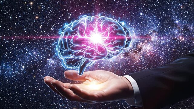 Hand holding glowing brain in space highlighting artificial intelligence and digital evolution
