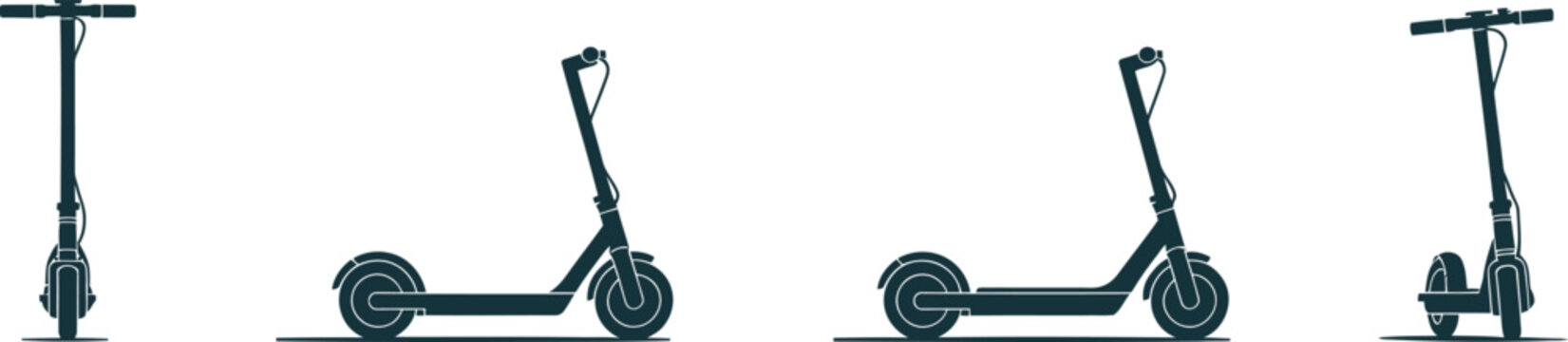 Silhouette collection of electric scooters in side and front views for urban transportation and micro mobility concepts on isolated white background