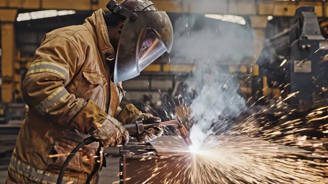 Worker welding metal with sparks highlighting industrial scale and construction progress
