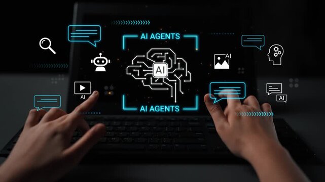 Hands on keyboard interacting with AI agents concept, showcasing artificial intelligence technology, digital communication, and smart software solutions Gluon.