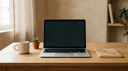 Fototapeta premium Open laptop on a wooden desk with a small plant