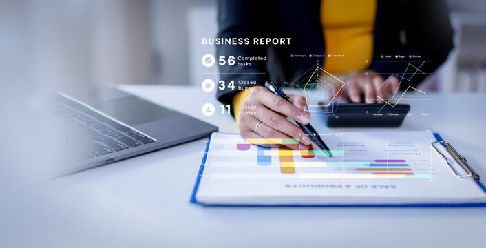 Finance, banking and investment, Asset allocation, budget management. Business woman calculating financial report, cost control and budgeting with business data graph growth chart. Tax and budgeting