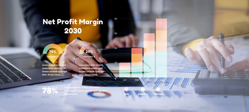 Business Analyst Reviewing Financial Reports and Net Profit Margin Data with Futuristic Digital Infographic Overlay