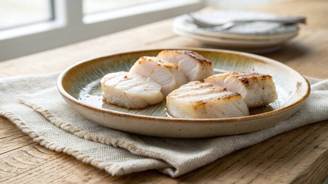 Photorealistic monkfish medallions on ceramic plate over linen wood table, firm texture clean structure refined dining scene