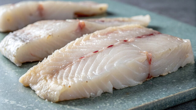 Photorealistic macro monkfish slices with firm texture, clean structure caramelized edges, refined minimal seafood composition
