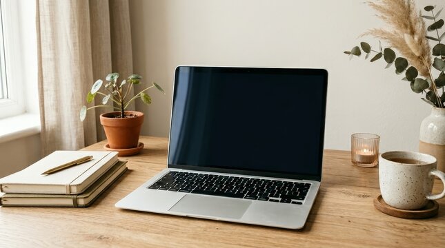 Laptop computer on a wooden desk with plant and books