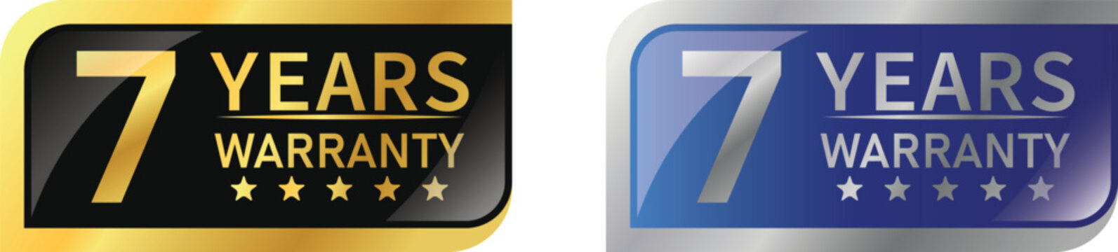 7 Year warranty label, badge, icon, logo. Parallelogram rhombus shape with gold and silver color. Vector Illustration   