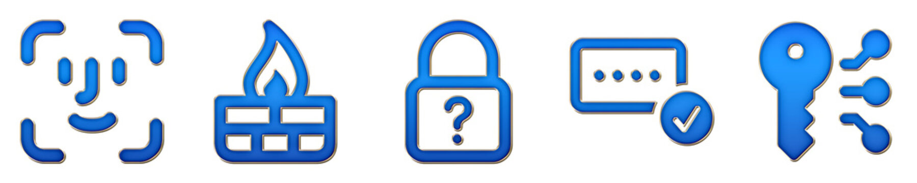 Metallic style 3D icons of face id, firewall, forgot password, good pincode, and grand master key on transparent background. Cybersecurity digital protection and data privacy.