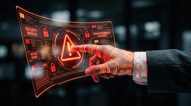Holographic Cybersecurity Dashboard Alerting Security Breach and Unauthorized Access Threats