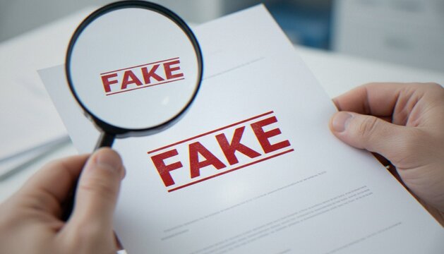 A close-up view of hands holding a magnifying glass over a document marked with the word FAKE in bold red ink, representing investigation, forgery detection, or verifying information.