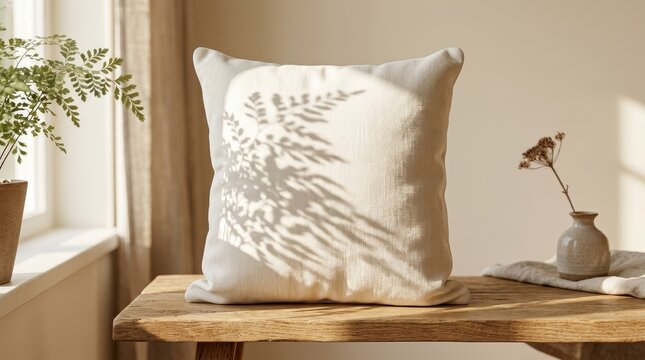 Decorative cushion with fern shadow pattern on wooden surface