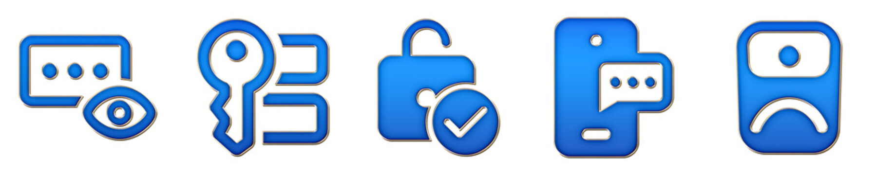 Glass style 3D icons of show password, user credentials, approved unlock, authentication message, and body camera on transparent background. Cybersecurity digital protection and.