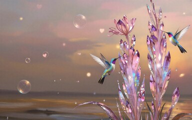 Obraz premium Hummingbirds sip nectar from iridescent flowers as bubbles float in a