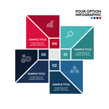 Vector square infographic with four section option steps for business presentations and reports. Vector editable illustration.