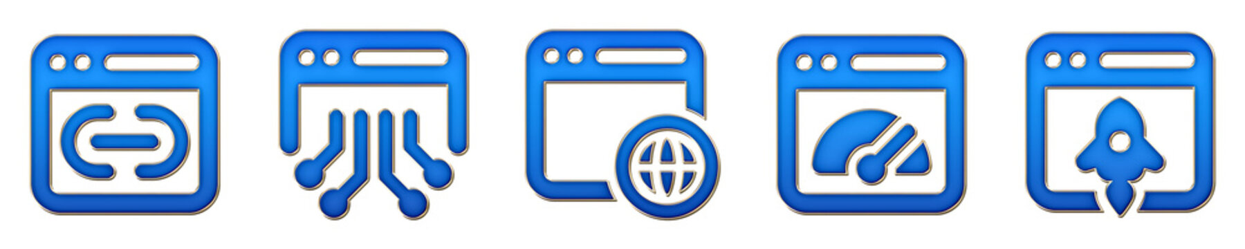 Set of 3D liquid glass hyperlink, intelligent website, internet browser, internet speed test, and launch browser icon isolated on transparent background, symbols for Web websites.