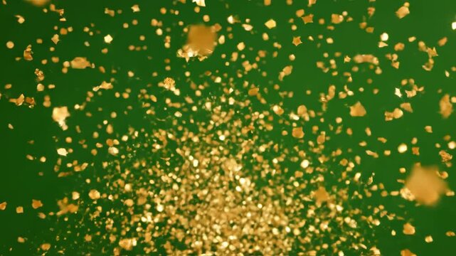 Golden confetti against green background ideal for sleek commercial backgrounds and title sequences
