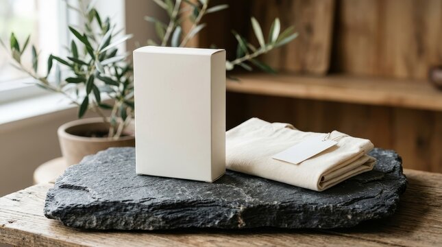 White product box with folded cloth and plant