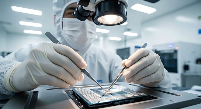 A lab worker in a clean suit is using tools on a computer chip under a microscope, demonstrating precision and technological advancement.