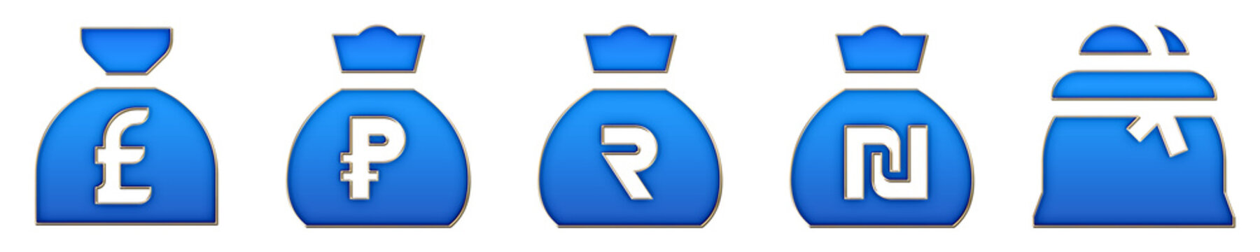 Isolated 3D gradient money bag pound, money bag ruble, money bag rupee, money bag shekel, and money bag with coins icons with coral pink gradient. Cash icon collection and design.
