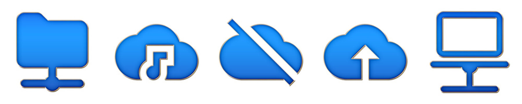 3D hologram icon set - shared folder, sound cloud, unavailable cloud, upload to cloud, and web laptop. Network connection and digital technology. 3D illustration on transparent.